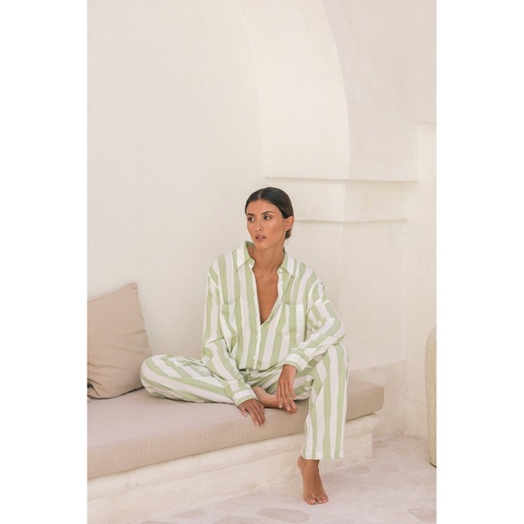 Piyama Tops - Piyama Green White Striped Button Up Shirt | 100% Rayon | Women's XL